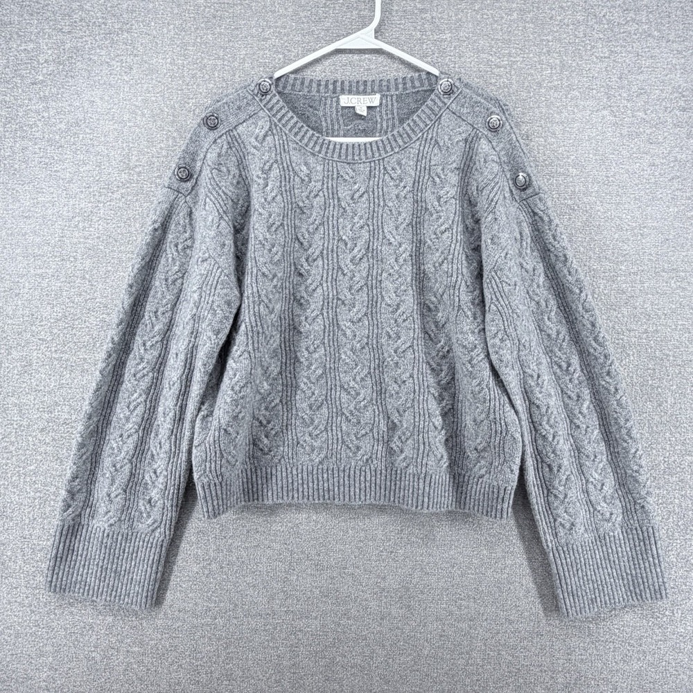 J CREW Cable Knit Cropped Sweater Women Size Medium Gray Wool Blend Winter